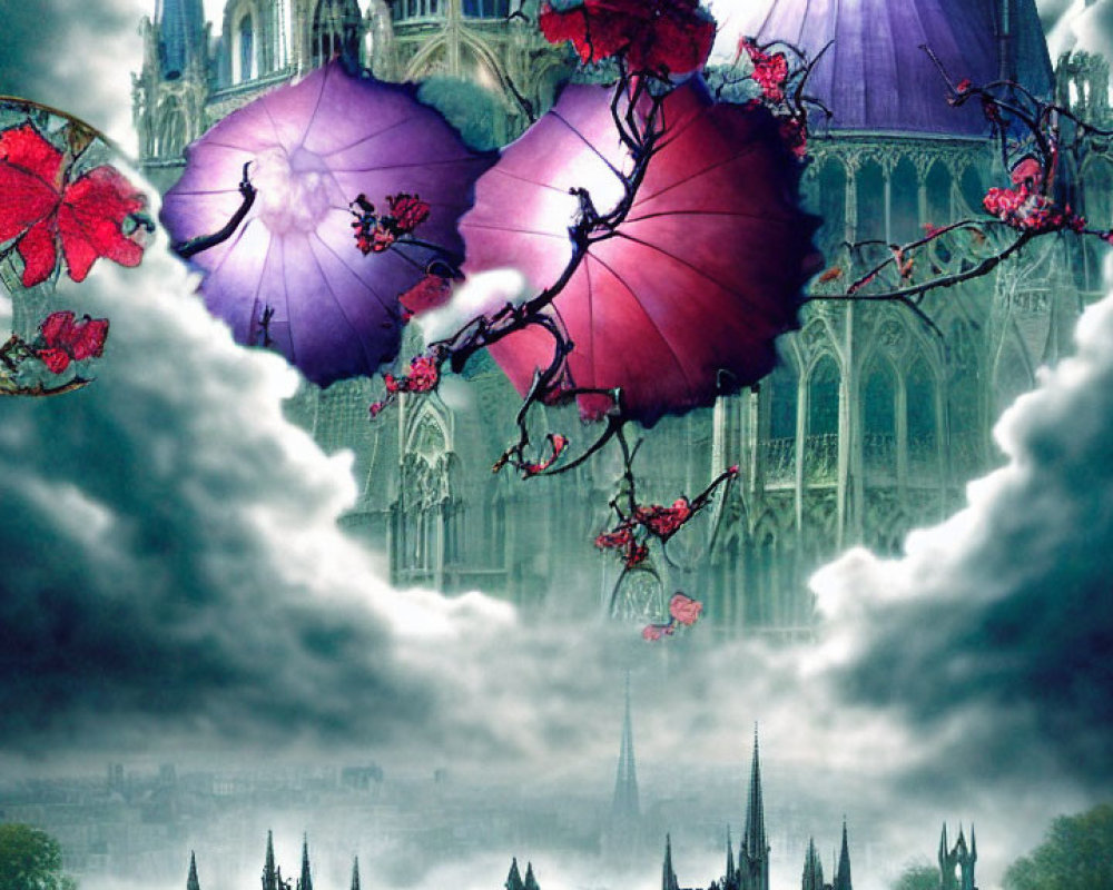 Gothic heart-shaped umbrellas with red flowers in stormy skies