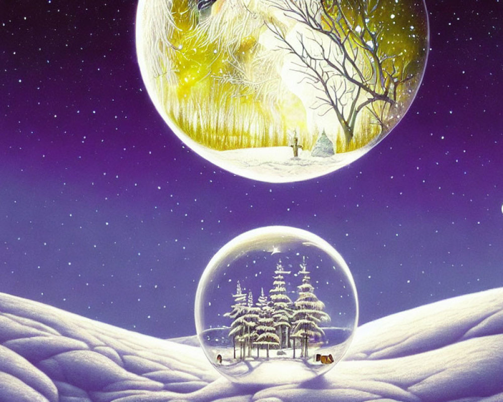Snowy Winter Landscape with Snow Globe and Golden Tree Silhouette