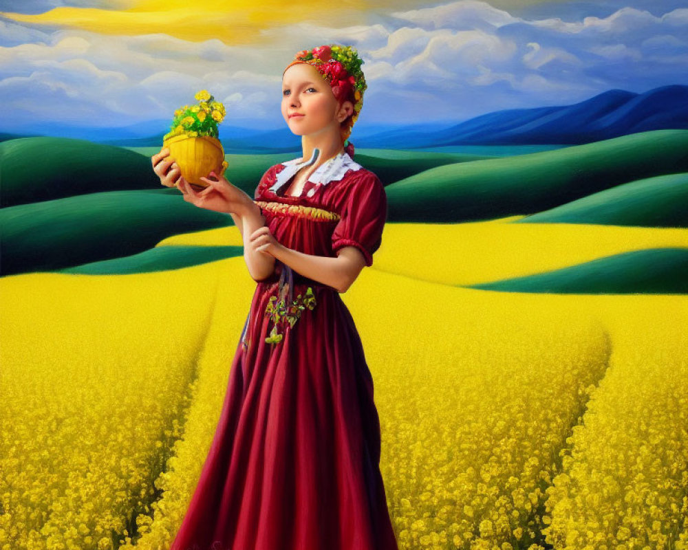 Young girl in traditional dress with flower basket in yellow flower fields under blue sky.