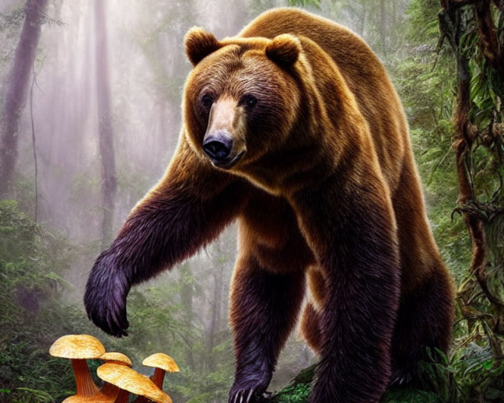Large Bear in Misty Forest with Orange Mushrooms and Stream