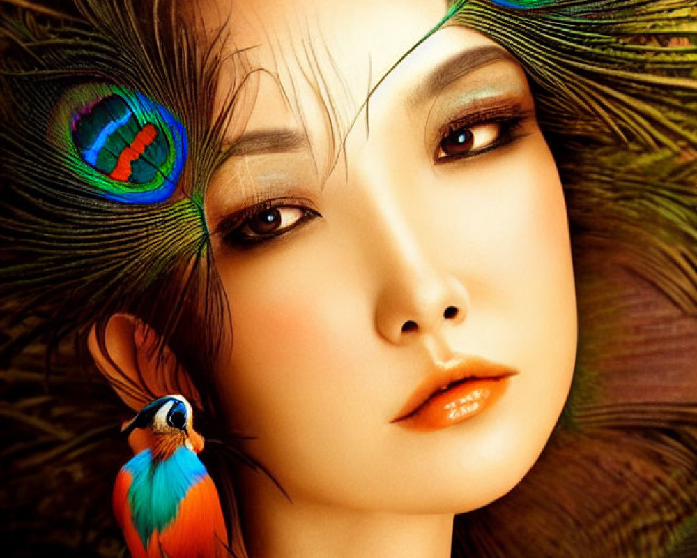 Colorful woman with peacock feathers and bird in vibrant image