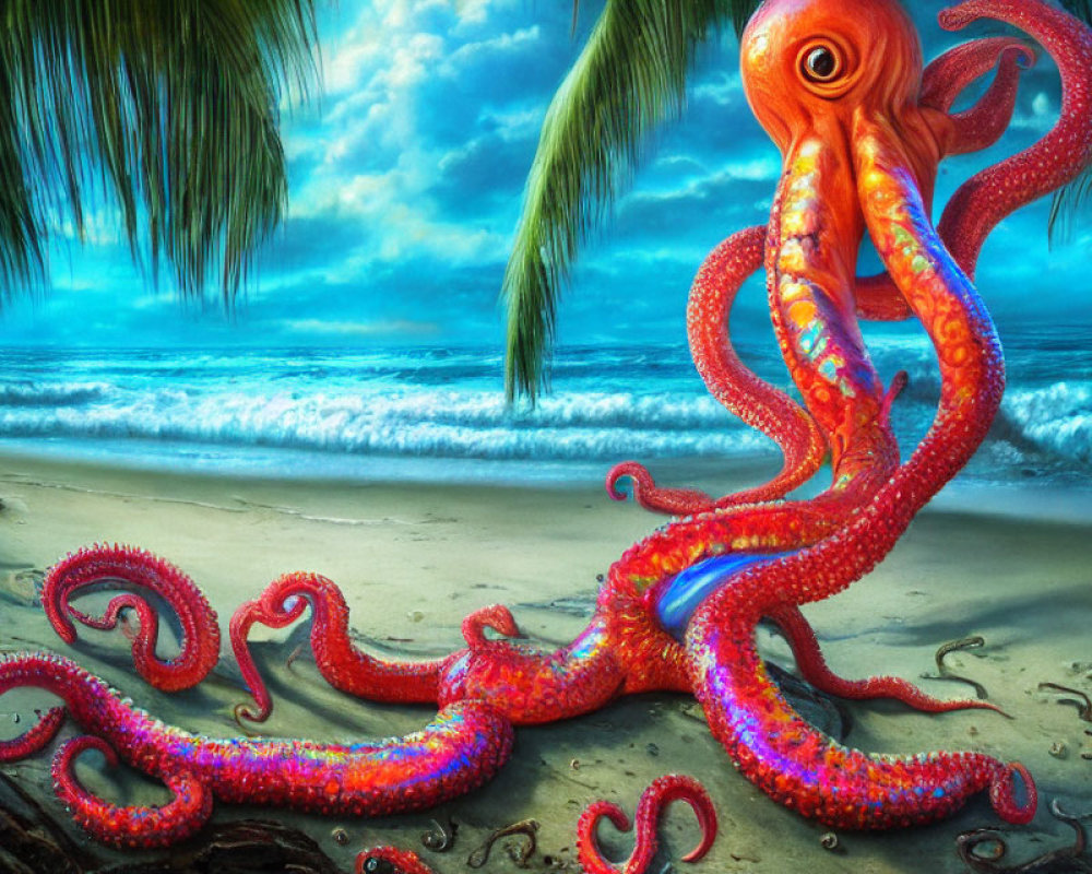Red octopus on tropical beach with palm trees and sprawling tentacles