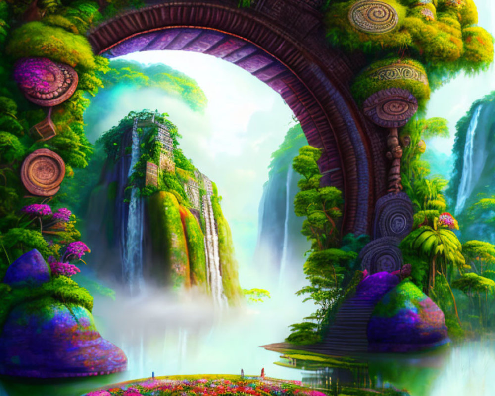 Fantasy landscape with stone bridge, waterfalls, and mystical flora