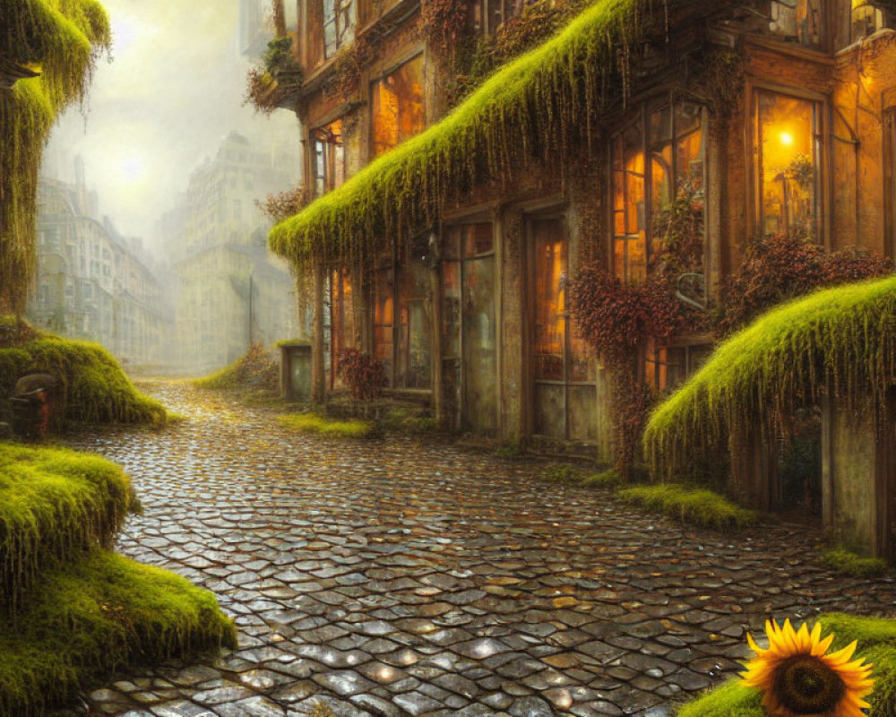 Moss-Covered Buildings on Cobblestone Street with Sunflower