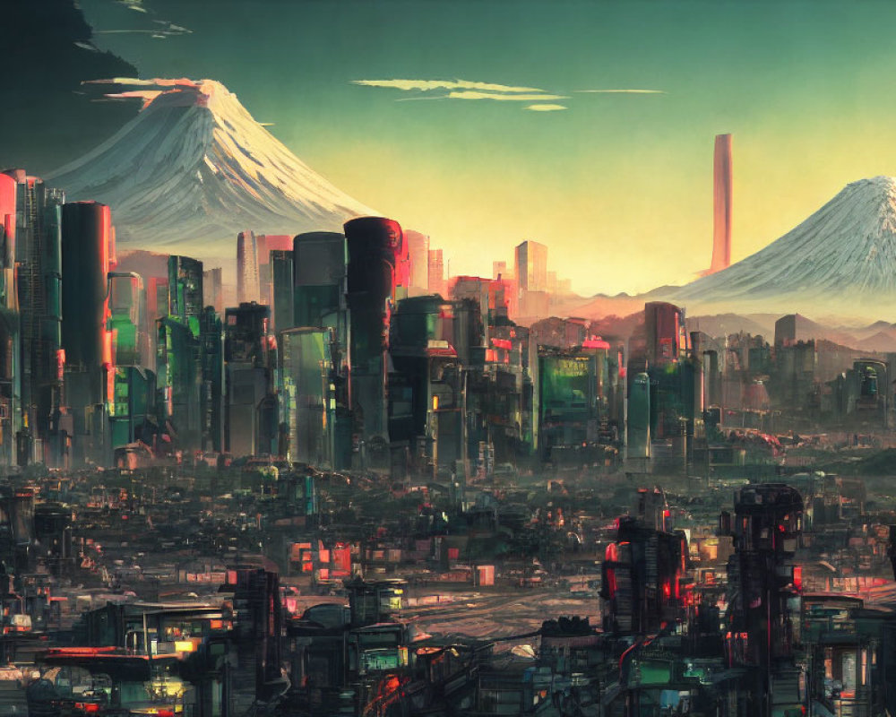 Futuristic cityscape with skyscrapers and snowy mountains in greenish sky