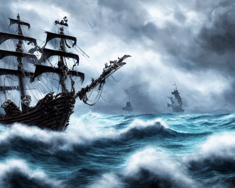 Sailing ship navigating stormy seas with distant ships