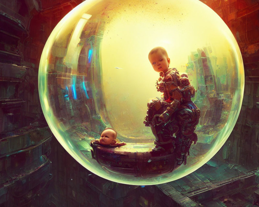 Futuristic child in protective bubble with baby and machinery glow