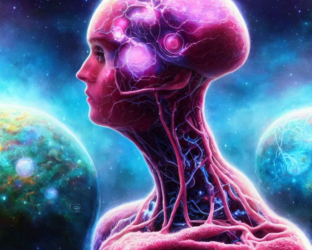 Digital artwork: Human profile with exposed brain in cosmic background