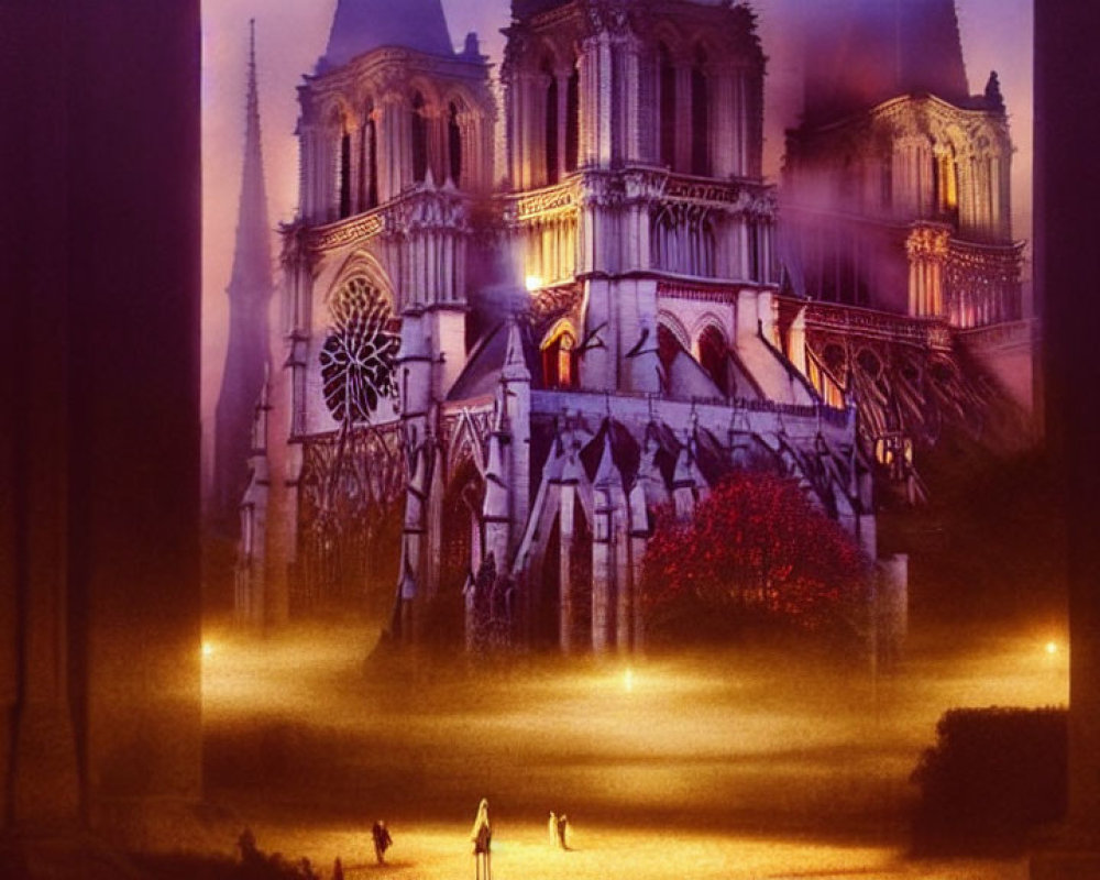 Nighttime illustration of Notre-Dame Cathedral with golden light and silhouettes.