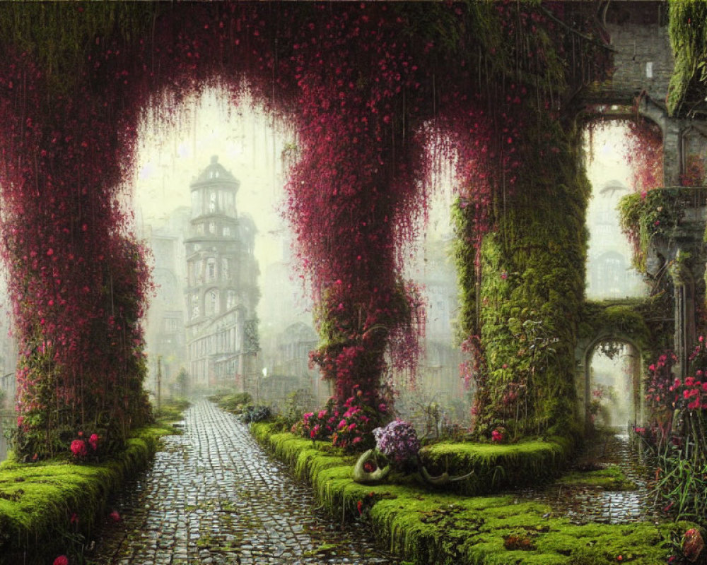 Ethereal cityscape with pink blossoms, stone arches, cobblestone pathways, and