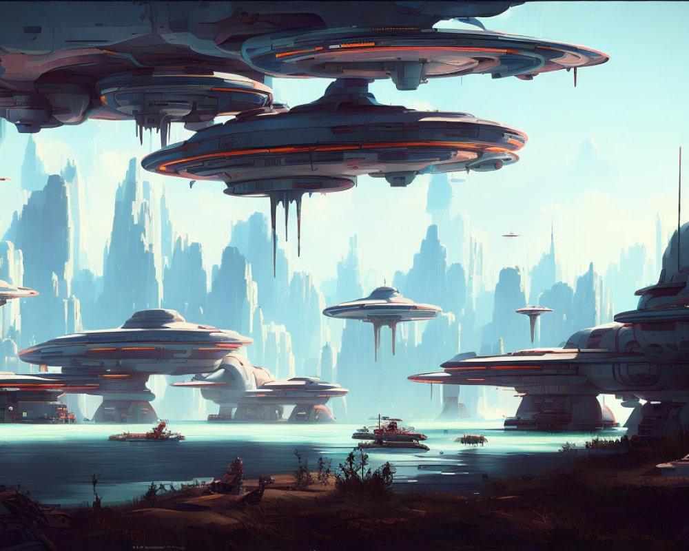 Futuristic cityscape with floating buildings over tranquil sea and towering rock formations