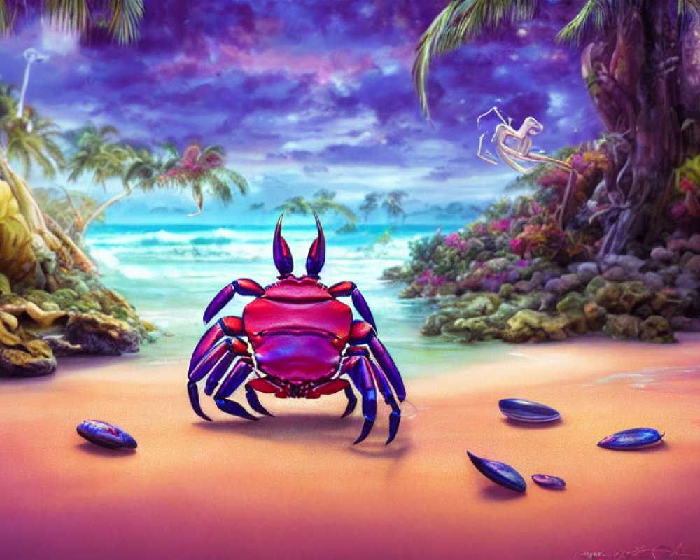 Colorful Crab Illustration on Tropical Beach with Seashells and Seagull