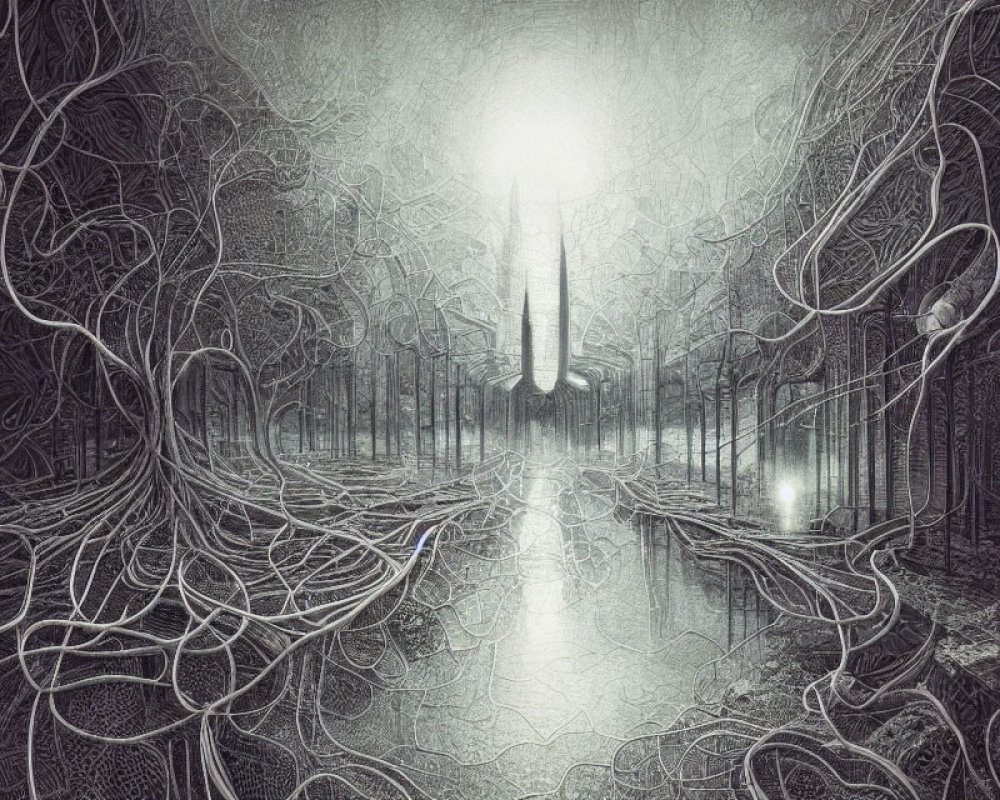 Monochrome forest with vine-like patterns and luminous light source