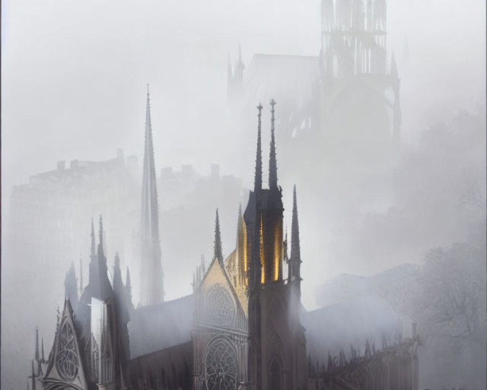 Misty autumn scene with Gothic cathedral spires and leaves