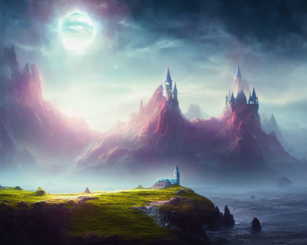 Mystical landscape with spires and castles overlooking ocean