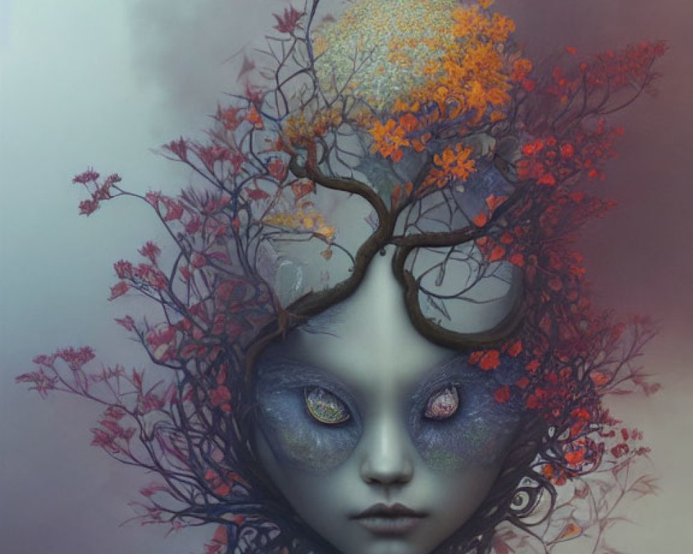 Humanoid Figure with Tree Branches and Flowers in Misty Background