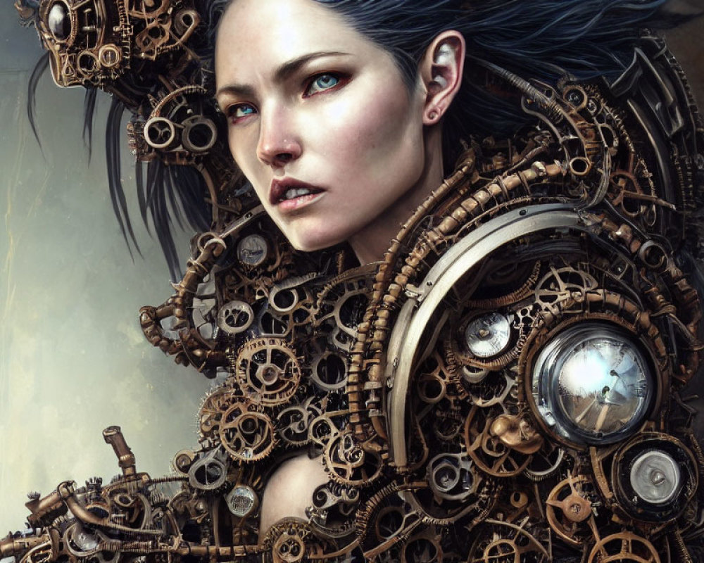 Steampunk-themed woman with mechanical collar in digital painting