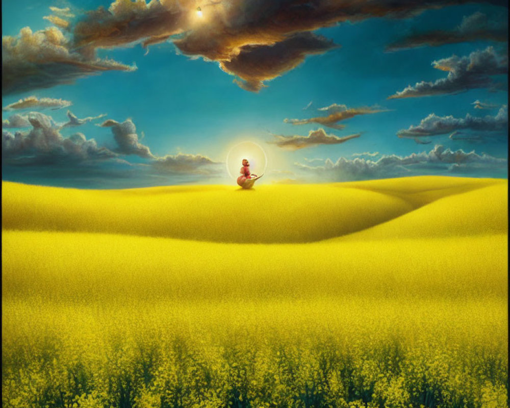Person meditates in vast golden field under dramatic sunset sky