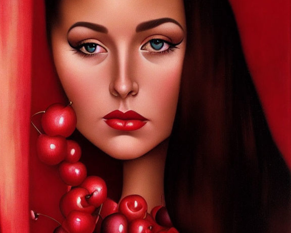 Dark-Haired Woman with Blue Eyes Surrounded by Red Cherries on Red Background
