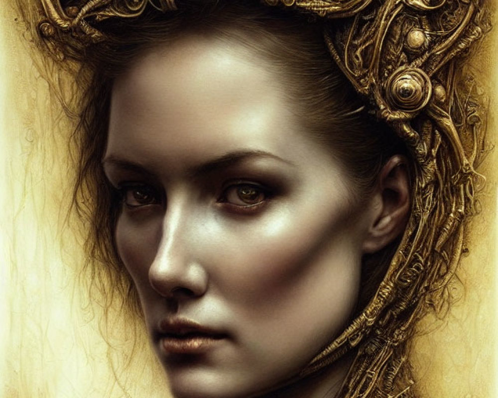 Elaborate golden headdress on woman against yellow background