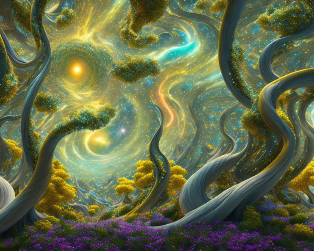 Surreal forest with twisted trees and celestial elements
