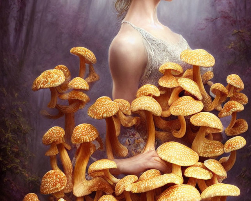 Woman with Flower Crown Surrounded by Orange Mushrooms in Forest