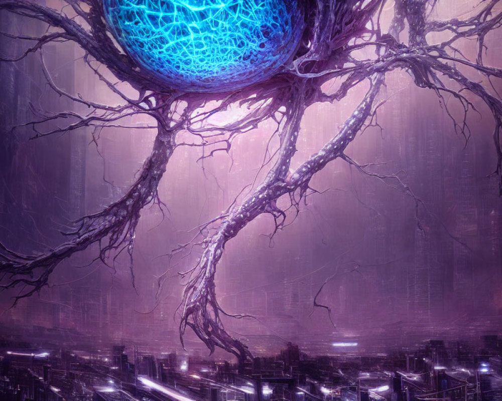 Glowing blue orb in tree branches over futuristic cityscape