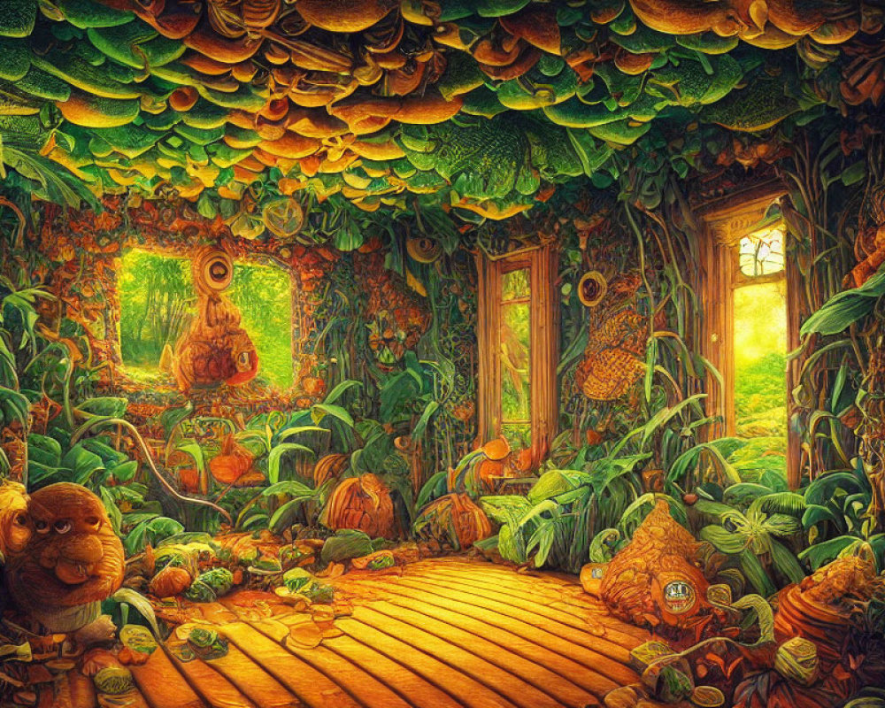 Fantastical room with green plants, pumpkins, and wooden elements