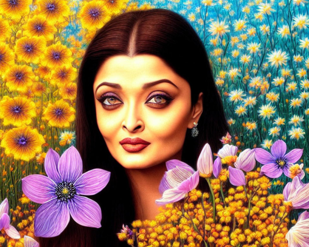 Vibrant illustration of woman with expressive eyes in colorful flower field