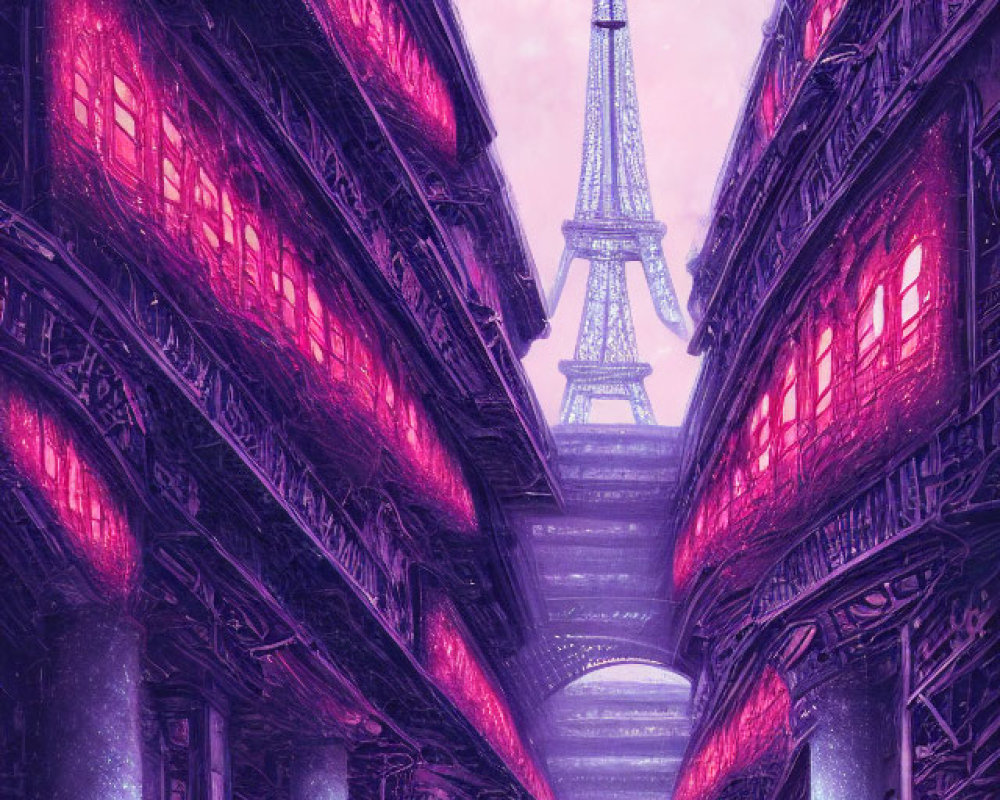 Futuristic Cyberpunk Parisian Street with Neon Lights