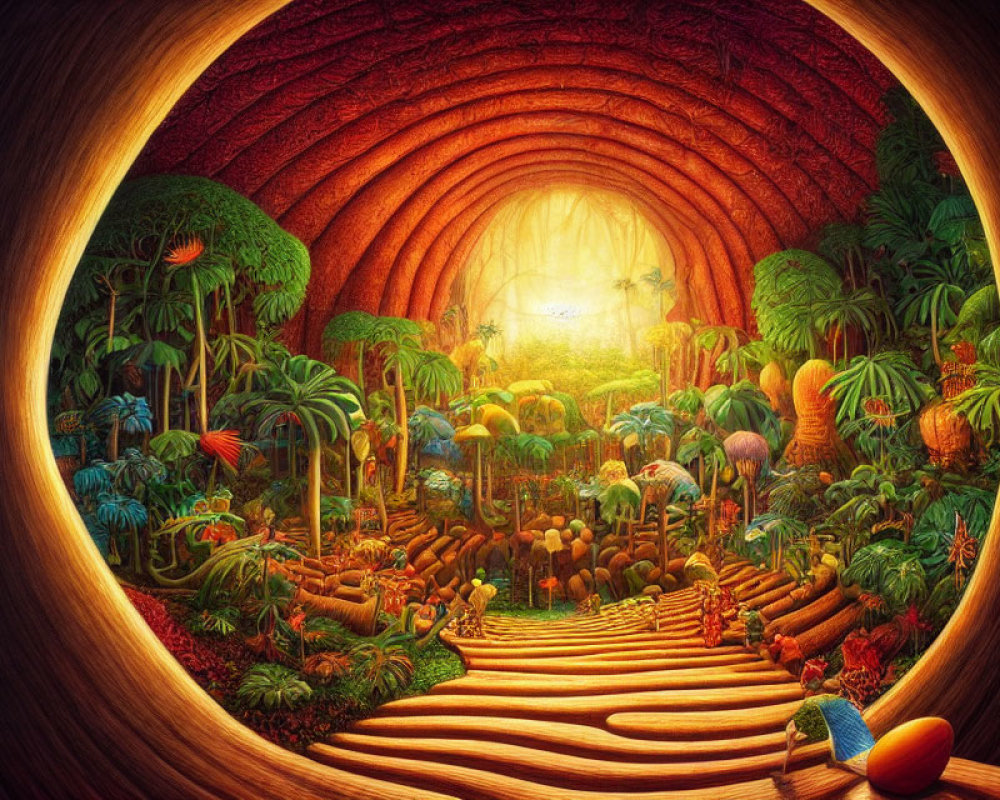 Surreal landscape with lush forest tunnel and mystical light