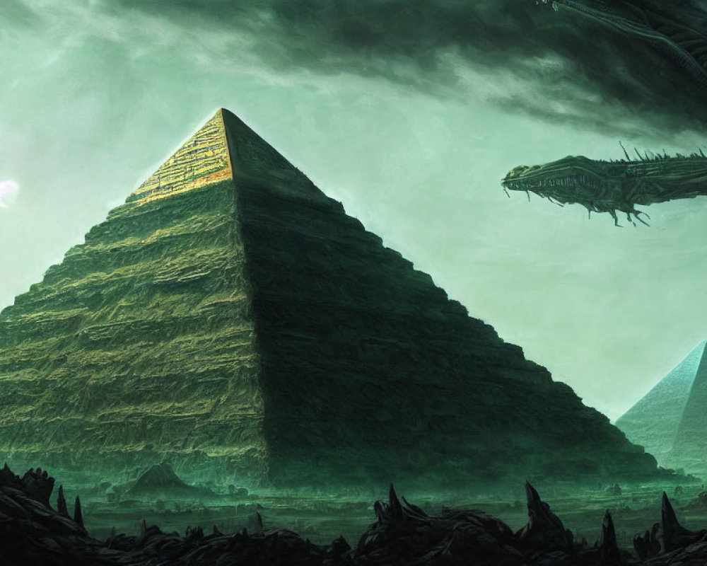 Giant creature overlooks massive and smaller pyramids under green sky