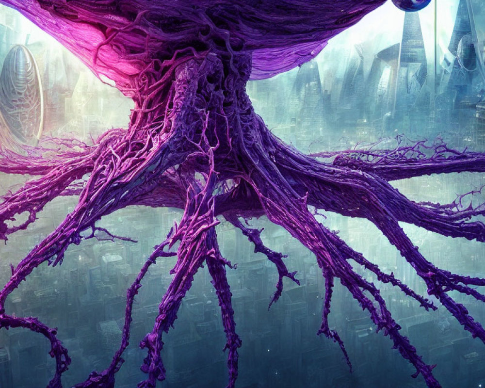 Purple octopus-like creature with tentacles in futuristic alien cityscape