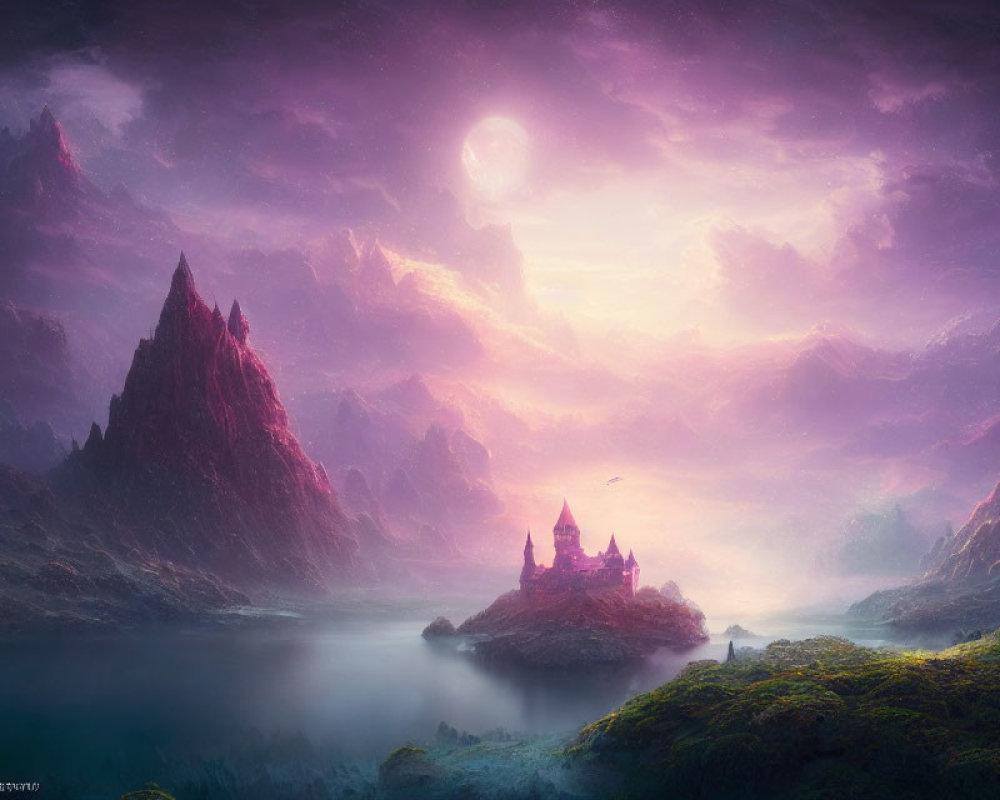 Misty mountains, glowing castle, lush greenery, purple sky scene