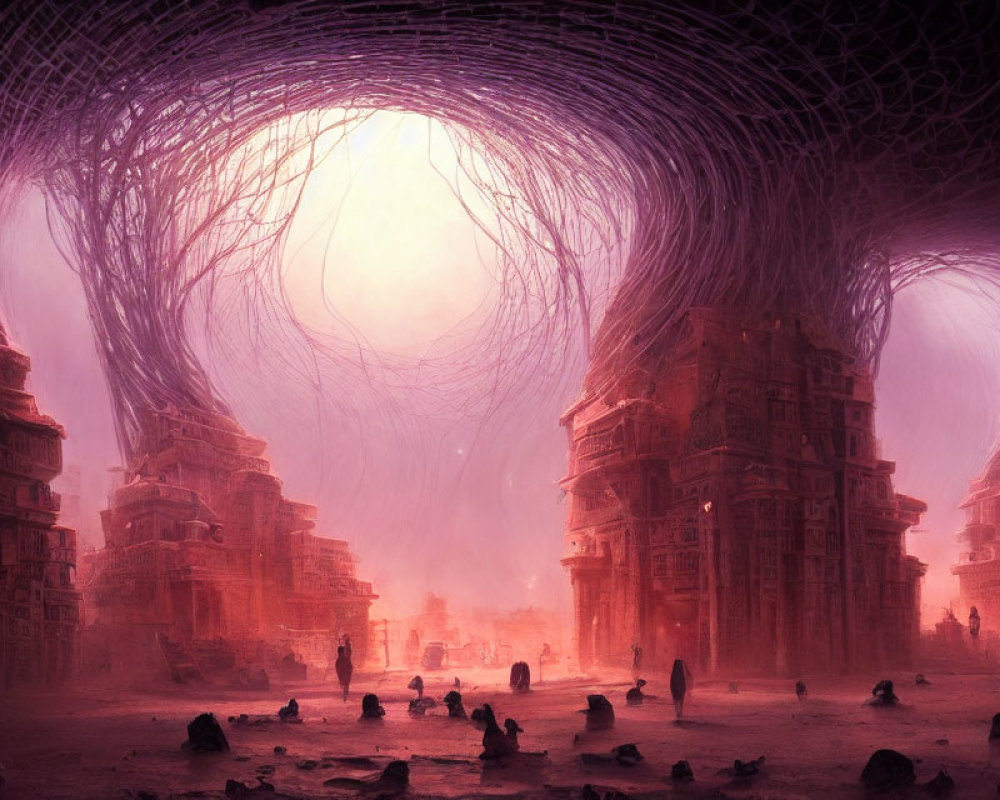 Purple-hued surreal landscape with ancient buildings and colossal nest under illuminated sky
