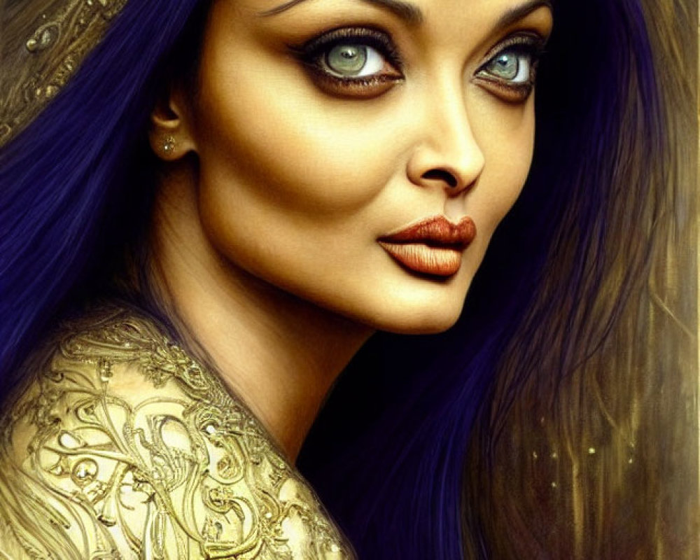 Woman with Striking Blue Eyes and Violet Hair in Regal Golden Attire