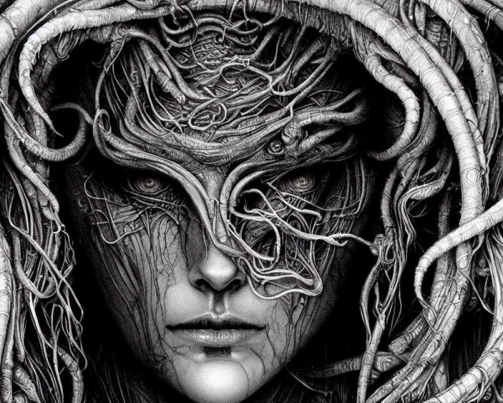 Monochrome fantasy art: Person with intricate root-like structures on head and face