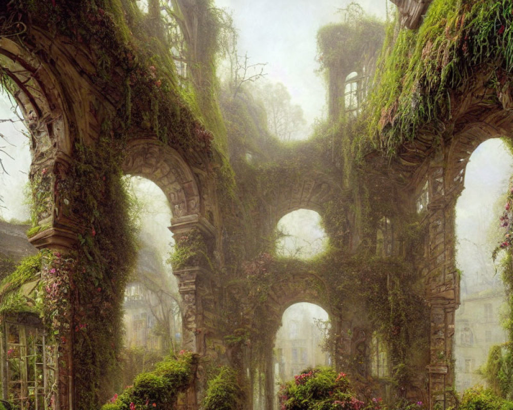 Overgrown stone arches in misty forest with green vines