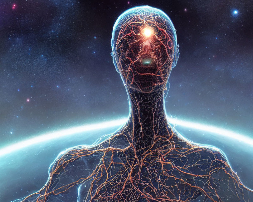 Translucent human figure with cosmic background and neural light connections.