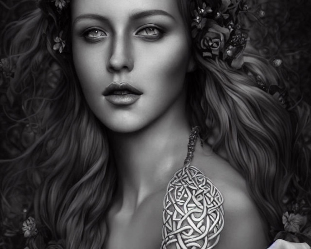 Monochromatic portrait of woman with floral crown and Celtic knot tattoo