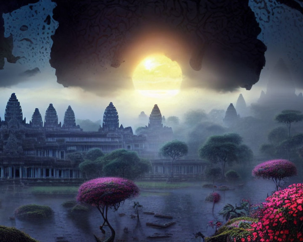 Mystical sunset with Angkor Wat temple silhouette and vibrant flowers.