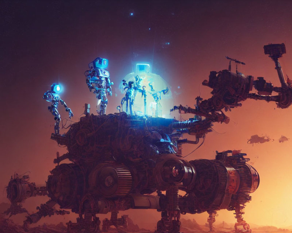 Futuristic robots on massive mechanical structure in dystopian setting