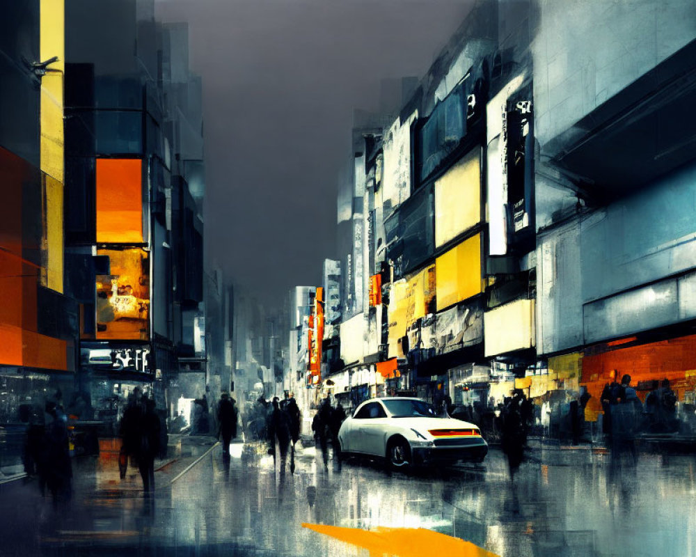 Vibrant impressionistic cityscape with bright signs and blurred figures.