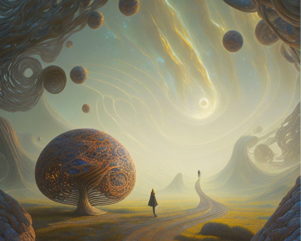 Surreal landscape with swirling skies and floating orbs.
