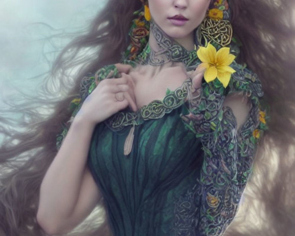 Woman with flowing hair in floral wreath and green dress holding yellow flower