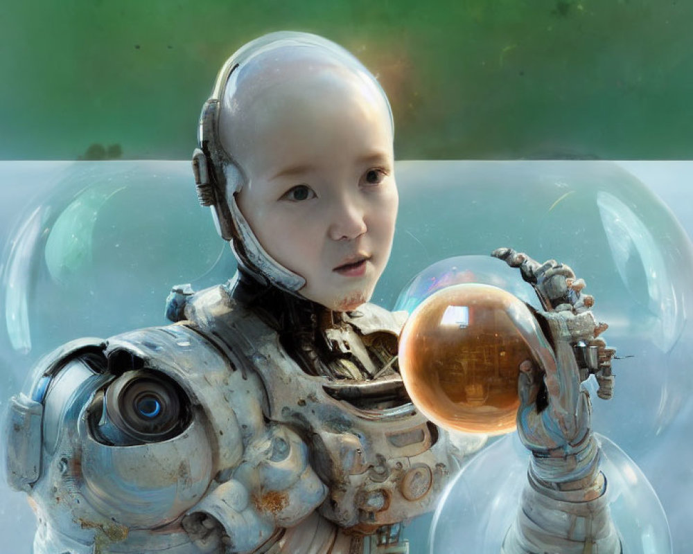 Child-like android with dome-shaped head holding spherical object in bubbles on green backdrop