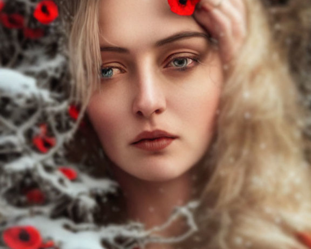 Blonde woman surrounded by poppy flowers and lace portrait.