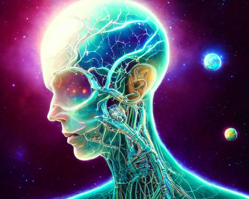 Digital artwork: Human head profile with transparent skin, glowing brain, neural network, cosmic backdrop
