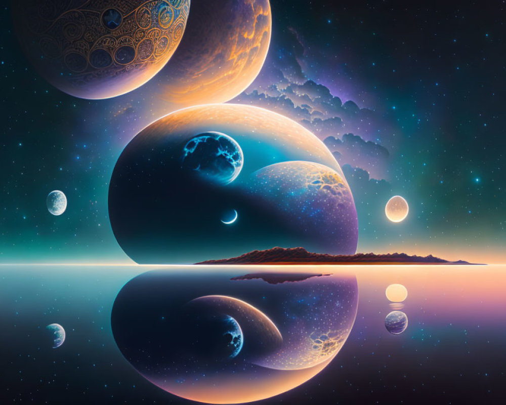 Digital art: Celestial bodies and cosmic water reflection
