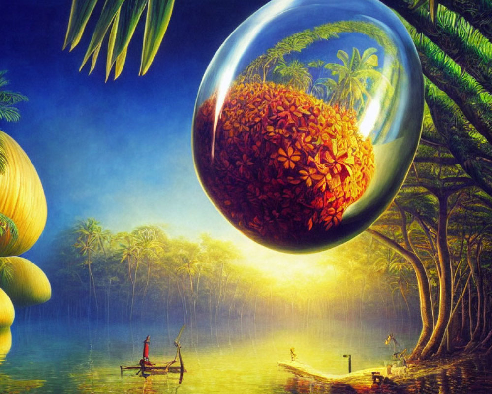 Surreal tropical scene with fisherman, floating orb, butterflies, lush greenery, and golden